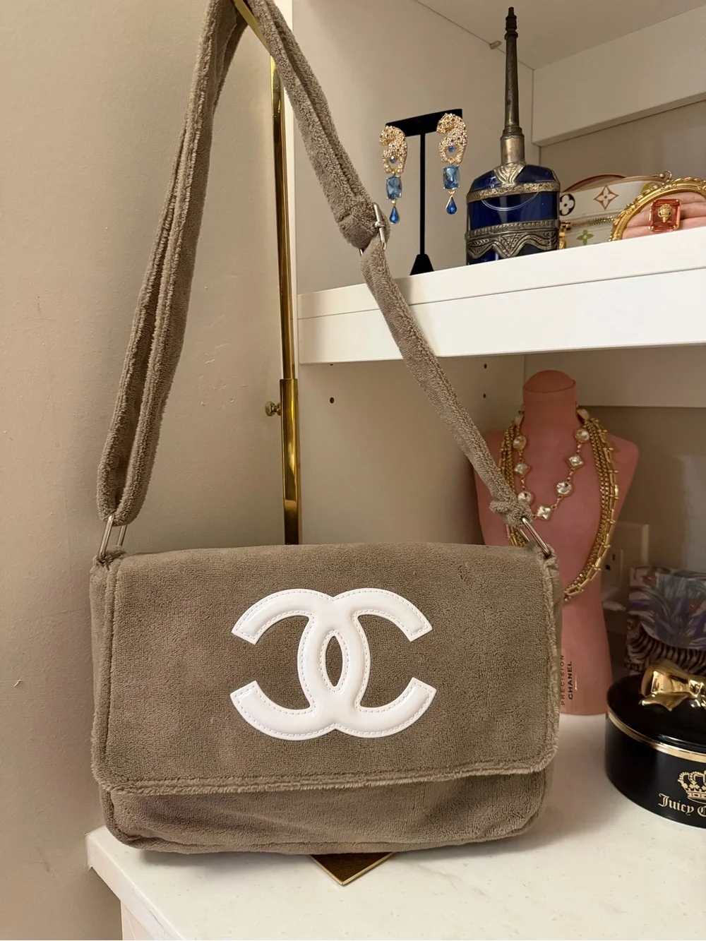 Taupe Plush Shoulder Bag with White Logo